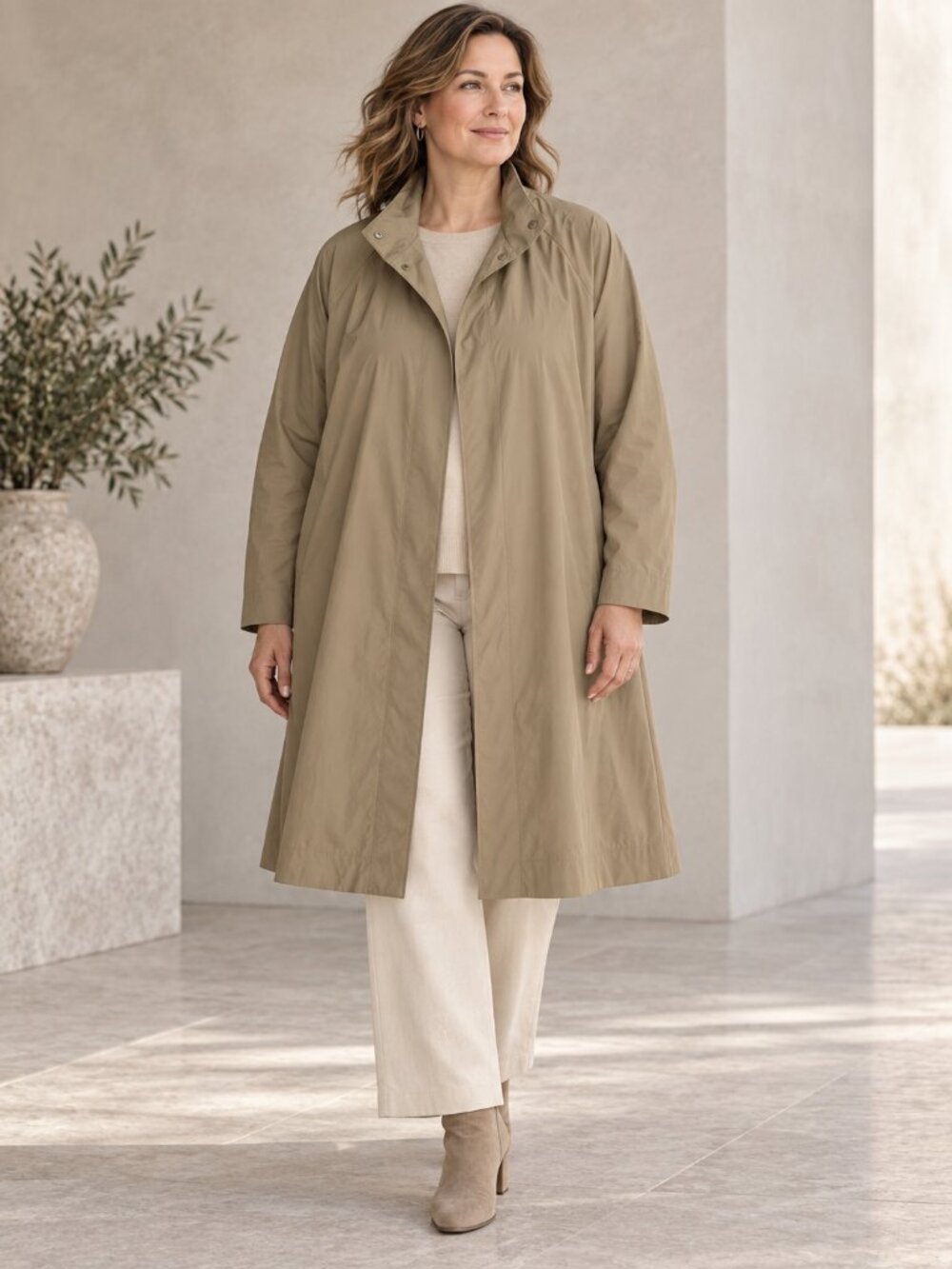 Eileen Fisher XL Light Cotton Nylon Stand Collar Long Coat Tan Organic Cotton
